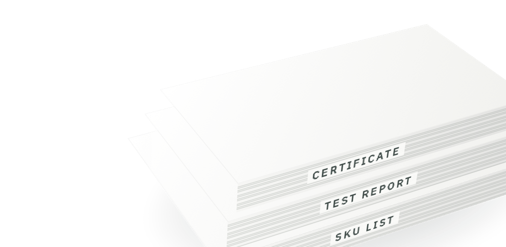 Stacked document sets labelled SKU list, Test report and Certificate.
